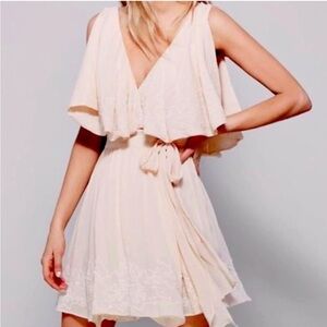 Free People Cream Embroidered Ruffle Sylvia Mini Wrap Dress Whimsical Feminine S